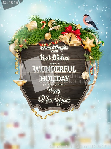 Image of Wooden banner with Christmas Fur-tree branches.