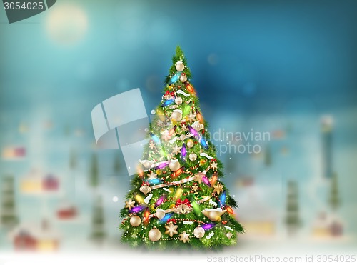 Image of Snowfall covered little village with tree. EPS 10