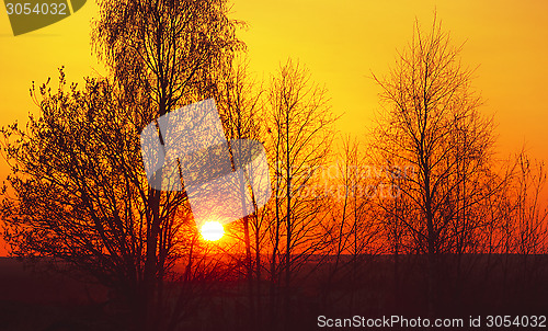 Image of Bright sun on sunset landscape 