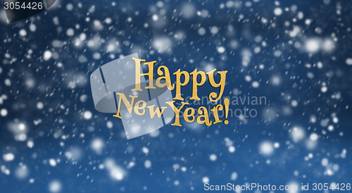 Image of Happy New Year and snow on blue background
