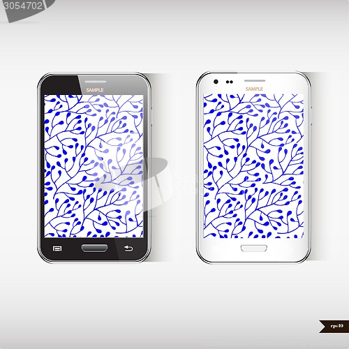 Image of Set of two Realistic mobile phone with blue floral background