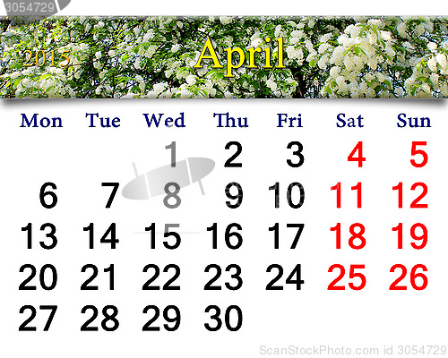 Image of calendar for May of 2015 with bird cherry tree