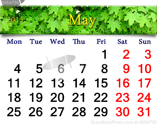 Image of calendar for May of 2015 year with image of maple