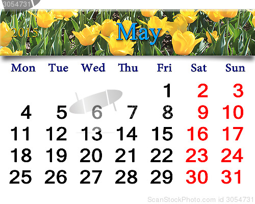 Image of calendar for May of 2015 year with yellow tulips