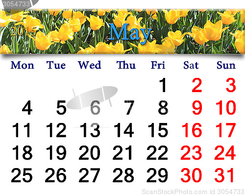 Image of calendar for May of 2015 year with yellow tulips