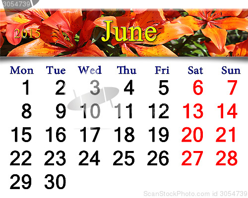 Image of calendar for June of 2015 with red lilies