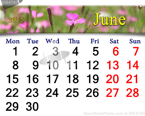 Image of calendar for June of 2015 year with wild carnation