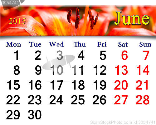 Image of calendar for June 2015 on background of red lilies