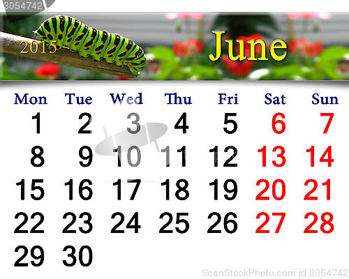Image of calendar for June of 2015 year with caterpillar