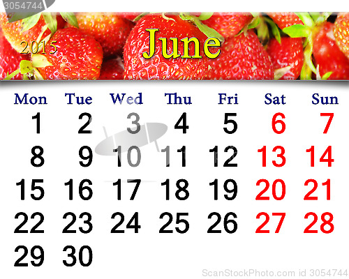 Image of calendar for the June of 2015 year with strawberry