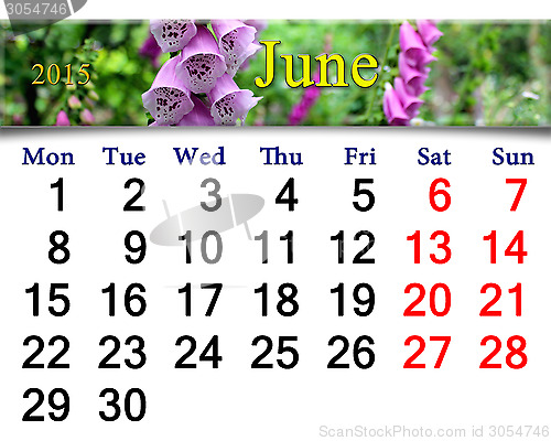Image of calendar for June of 2015 with lilac bluebells