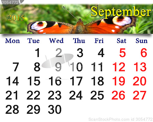 Image of calendar for September of 2015 year with butterfly