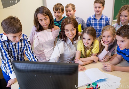 Image of group of kids with teacher and computer at school