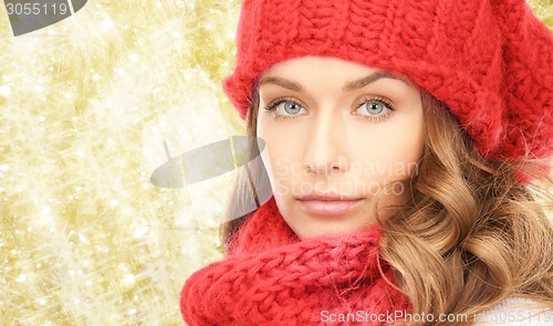 Image of close up of young woman in winter clothes