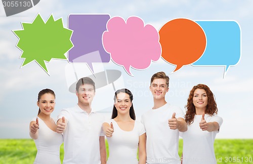 Image of group of smiling teenagers with text bubbles