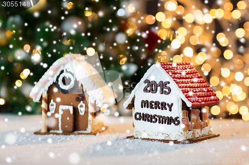 Image of closeup of beautiful gingerbread houses at home