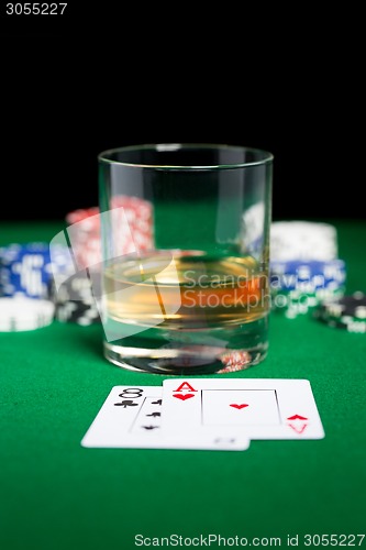 Image of close up of chips, cards and whisky glass on table