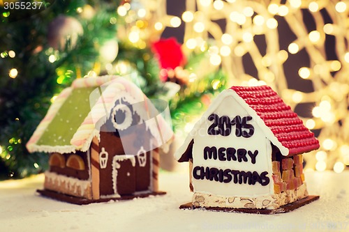 Image of closeup of beautiful gingerbread houses at home