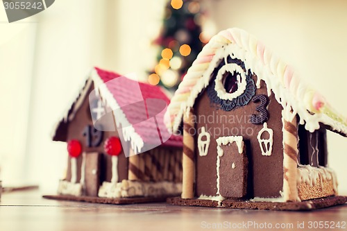 Image of closeup of beautiful gingerbread houses at home