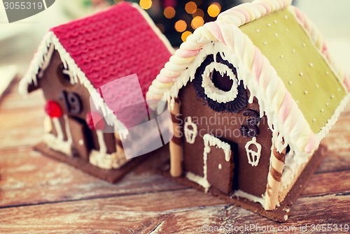 Image of closeup of beautiful gingerbread houses at home
