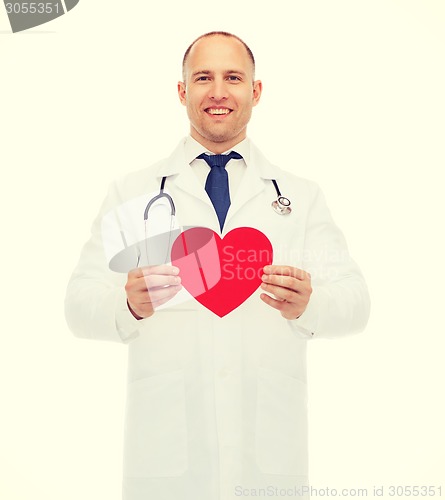 Image of smiling male doctor with red heart