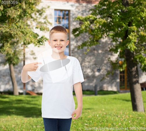 Image of smiling little boy in white blank t-shirt