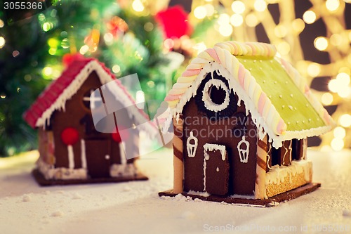 Image of closeup of beautiful gingerbread house at home