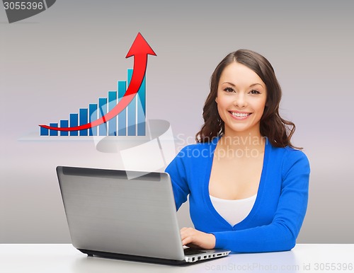 Image of smiling woman with laptop and growth chart