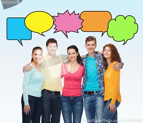 Image of group of smiling teenagers with text bubbles