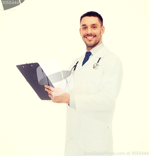 Image of smiling male doctor with clipboard and stethoscope