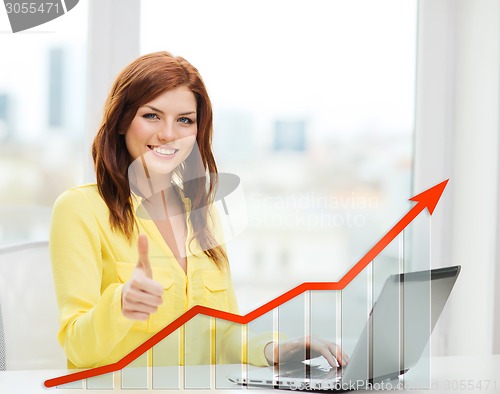 Image of smiling woman with laptop and growth chart