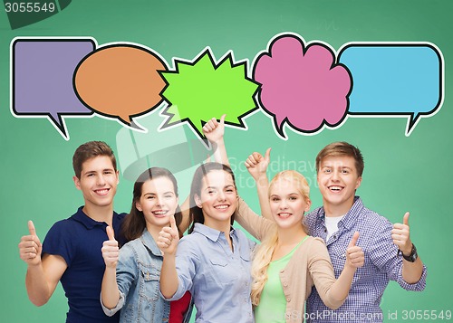 Image of group of smiling teenagers with text bubbles