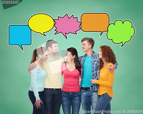 Image of group of smiling teenagers with text bubbles