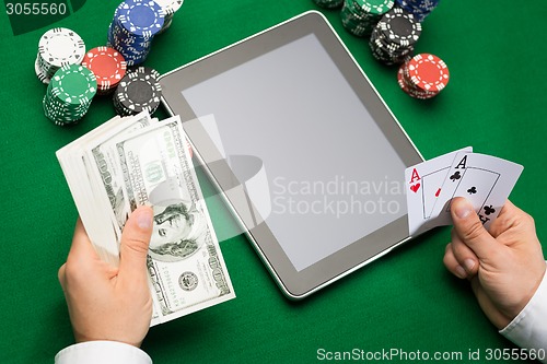 Image of casino poker player with cards, tablet and chips