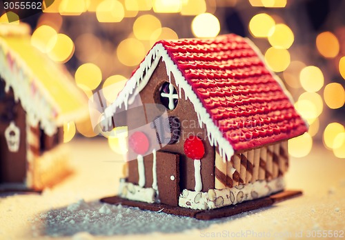 Image of closeup of beautiful gingerbread houses at home