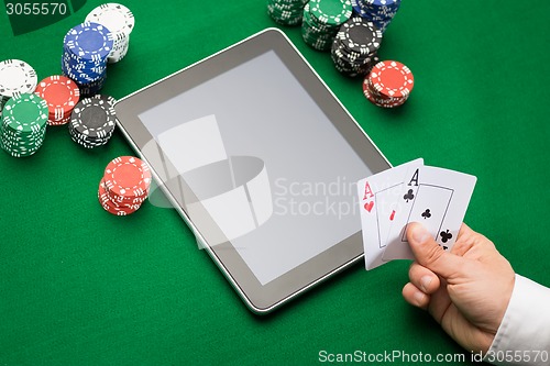 Image of casino poker player with cards, tablet and chips