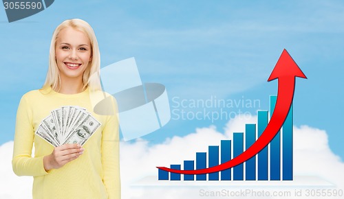 Image of smiling woman with growth chart and dollar money