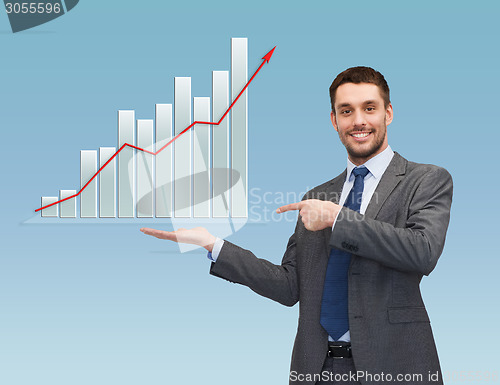 Image of happy man showing growth chart on palm of his hand