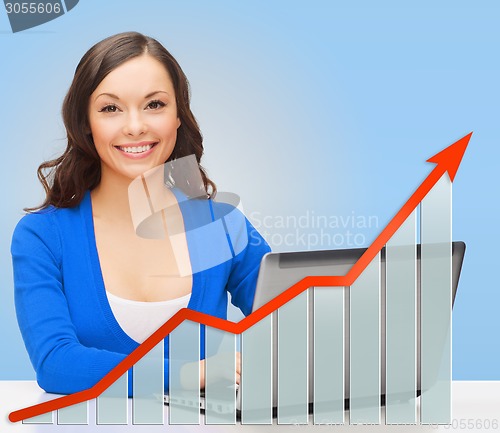 Image of smiling woman with laptop and growth chart