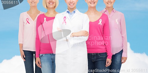 Image of close up of women with cancer awareness ribbons