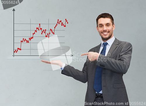 Image of happy man showing forex chart on palm of his hand