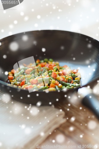 Image of close up of wok pan with vegetables