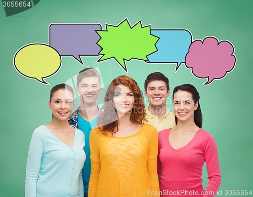 Image of group of smiling teenagers with text bubbles