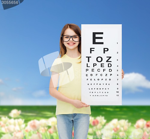 Image of little girl in eyeglasses with eye checking chart