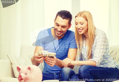 Image of smiling couple counting money at home