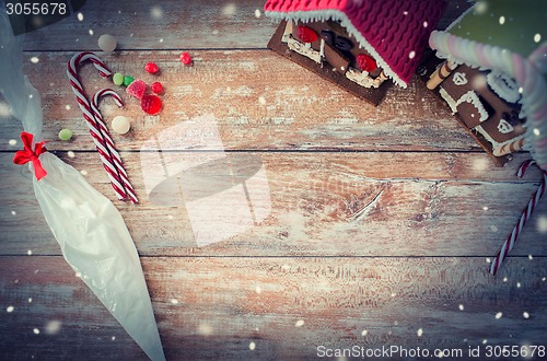 Image of closeup of beautiful gingerbread houses at home