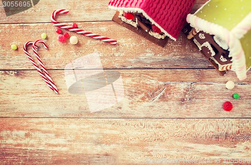 Image of closeup of beautiful gingerbread houses at home