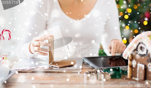 Image of close up of woman making gingerbread houses