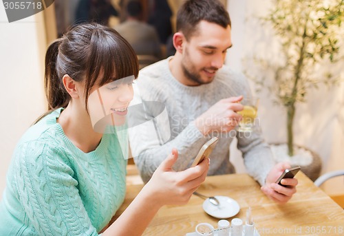 Image of smiling couple with smartphones drinking tea