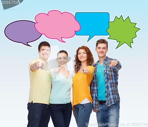 Image of group of smiling teenagers with text bubbles